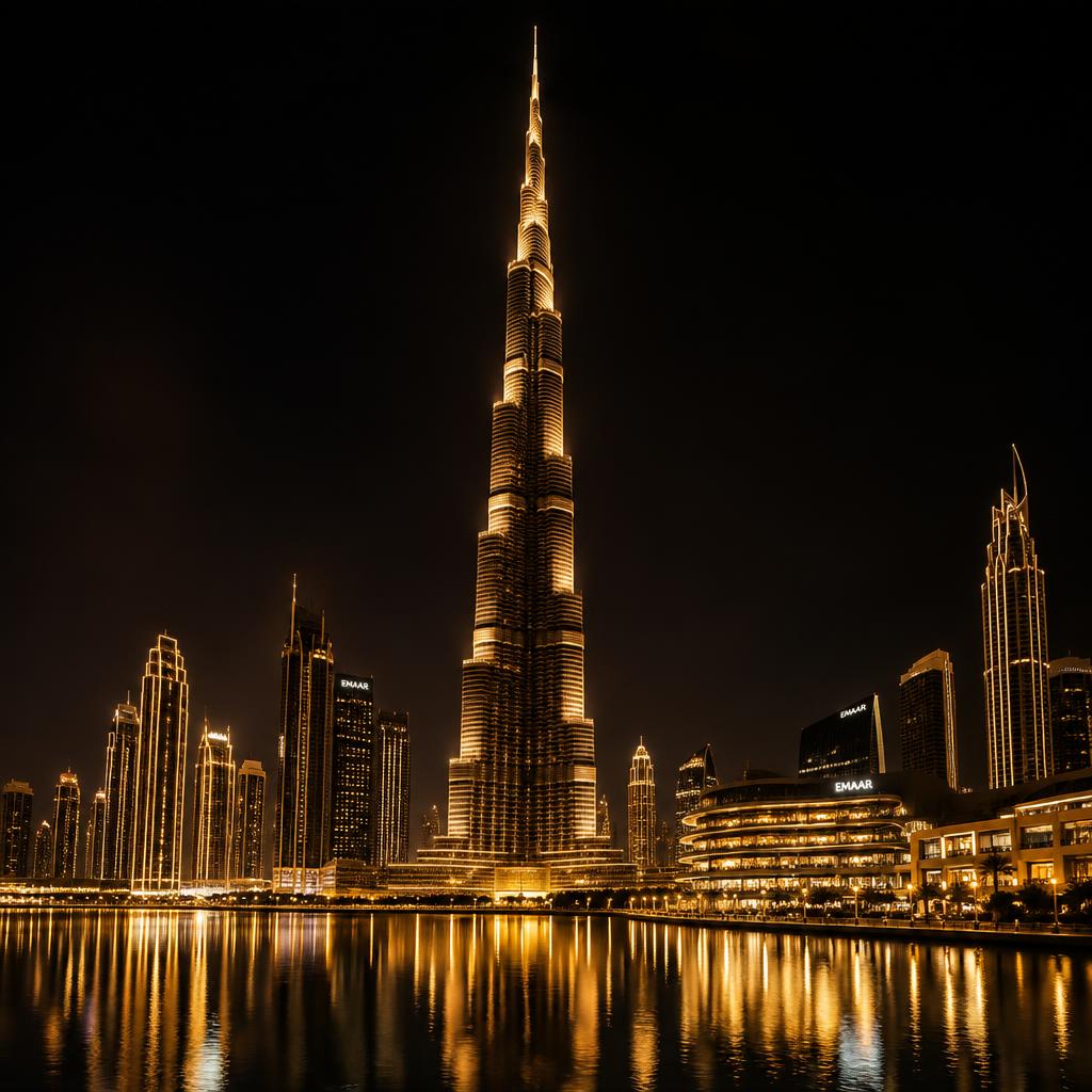 Iconic Burj Khalifa and the Dubai skyline at night