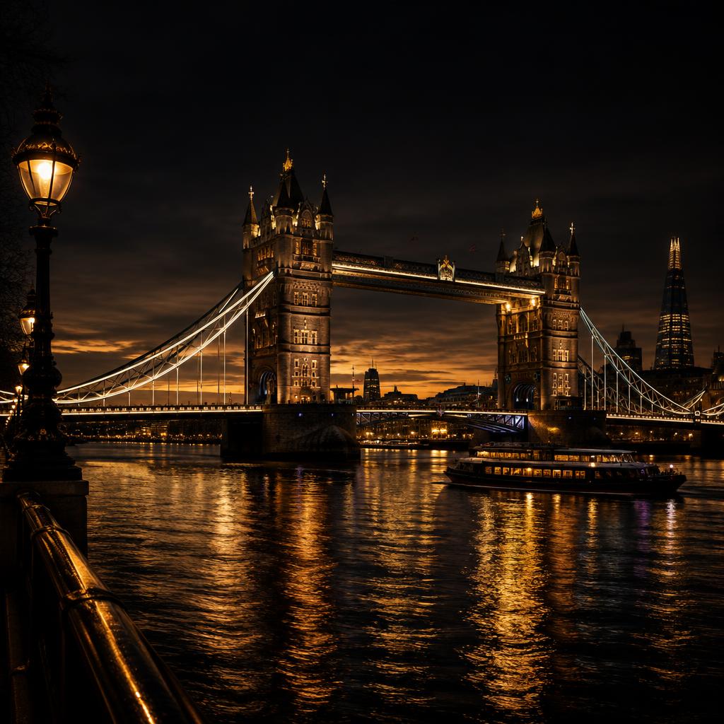 Iconic Tower Bridge and the London skyline at night